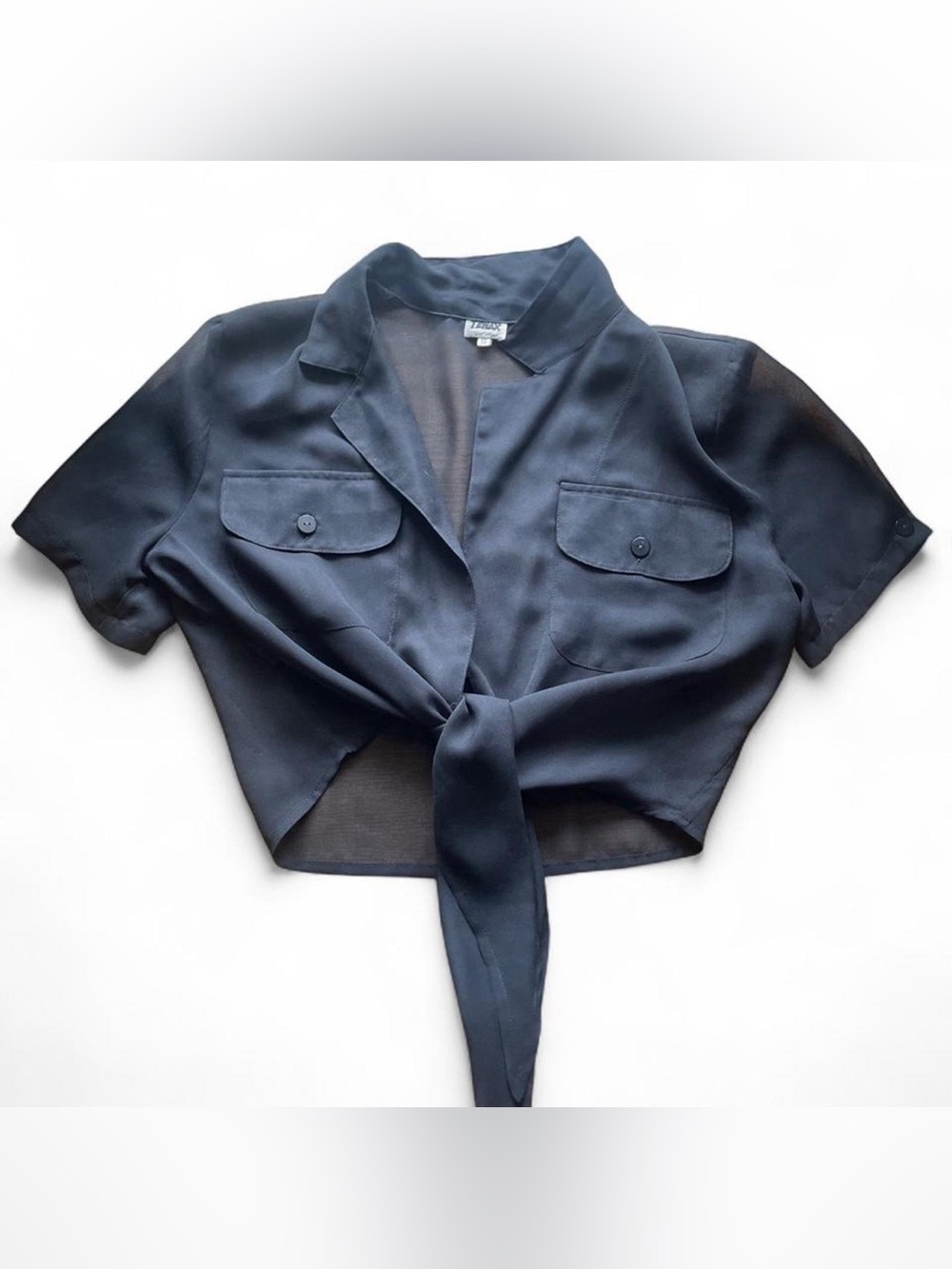 Vintage Italian Black Sheer Tie-Front Blouse Summer Vacation Top - Size Small